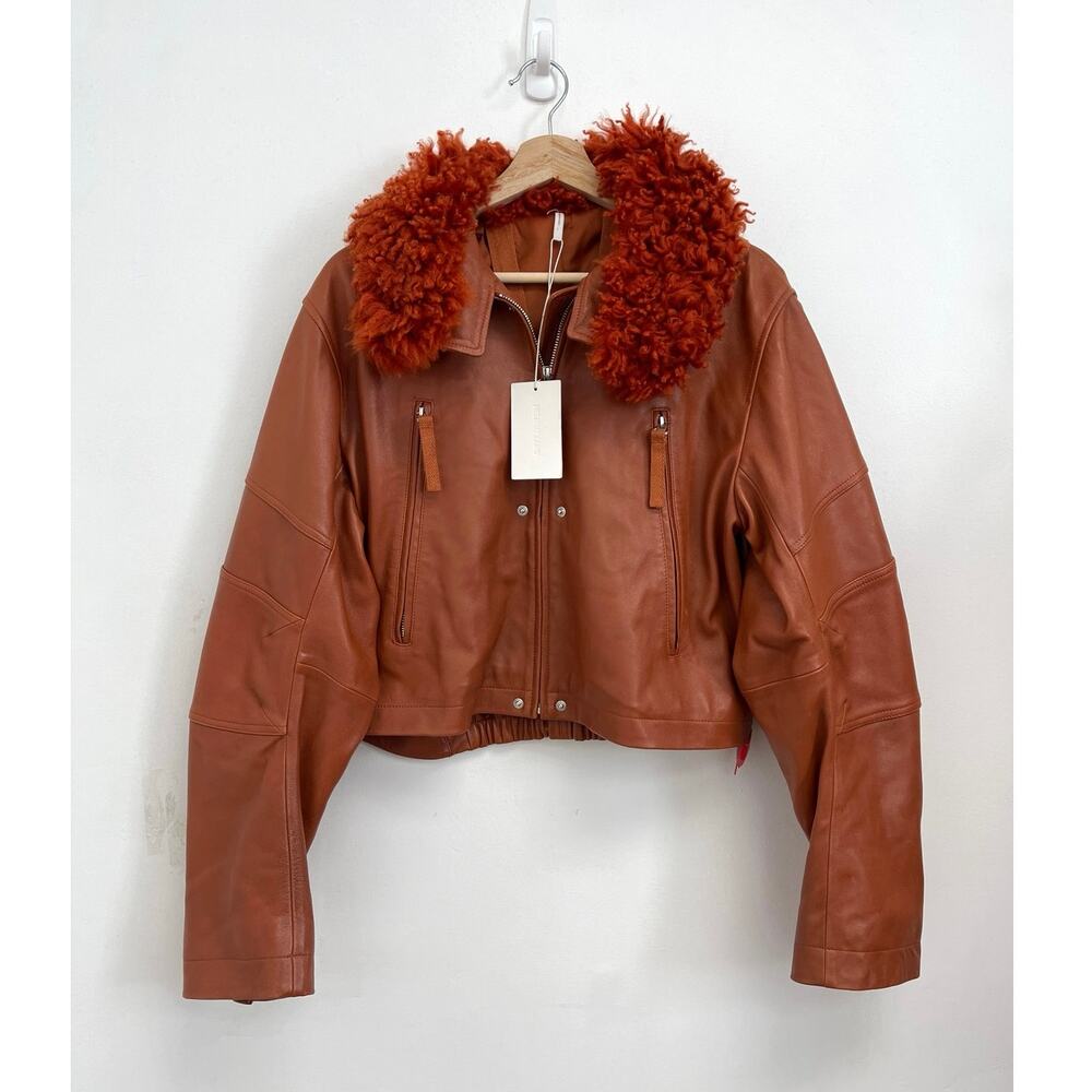NWT Helmut Lang Astro Lamb Leather Cropped Moto Jacket Shearling Collar - Medium